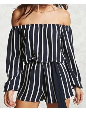 Forever 21 Navy & White Off-Shoulder Striped Romper with Tie